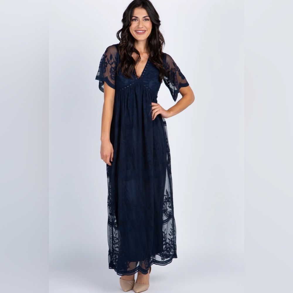 PinkBlush Lace Mesh Overlay Maternity Maxi Dress, Navy Blue, Medium